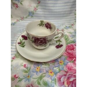 Vintage Made in Japan Teacup &‎ Saucer – Purple Rose Floral with Gold Trim